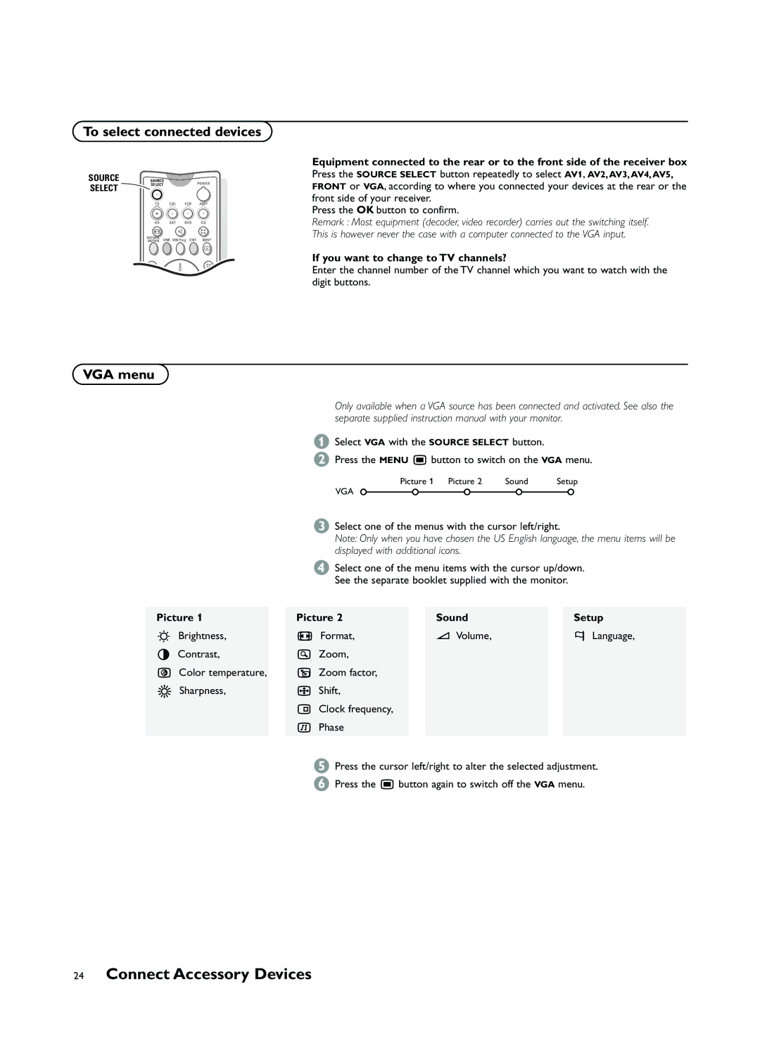 Philips FTR9964 manual To select connected devices, VGA menu, If you want to change to TV channels?, Picture Sound Setup 