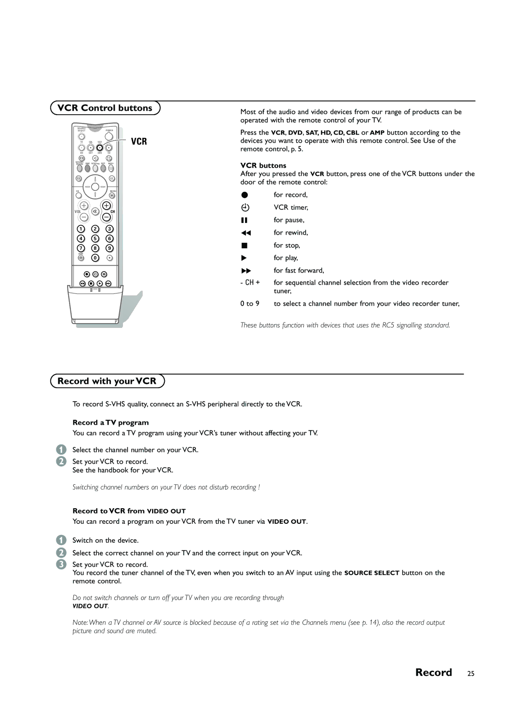 Philips FTR9964 manual Record, VCR Control buttons, VCR buttons 