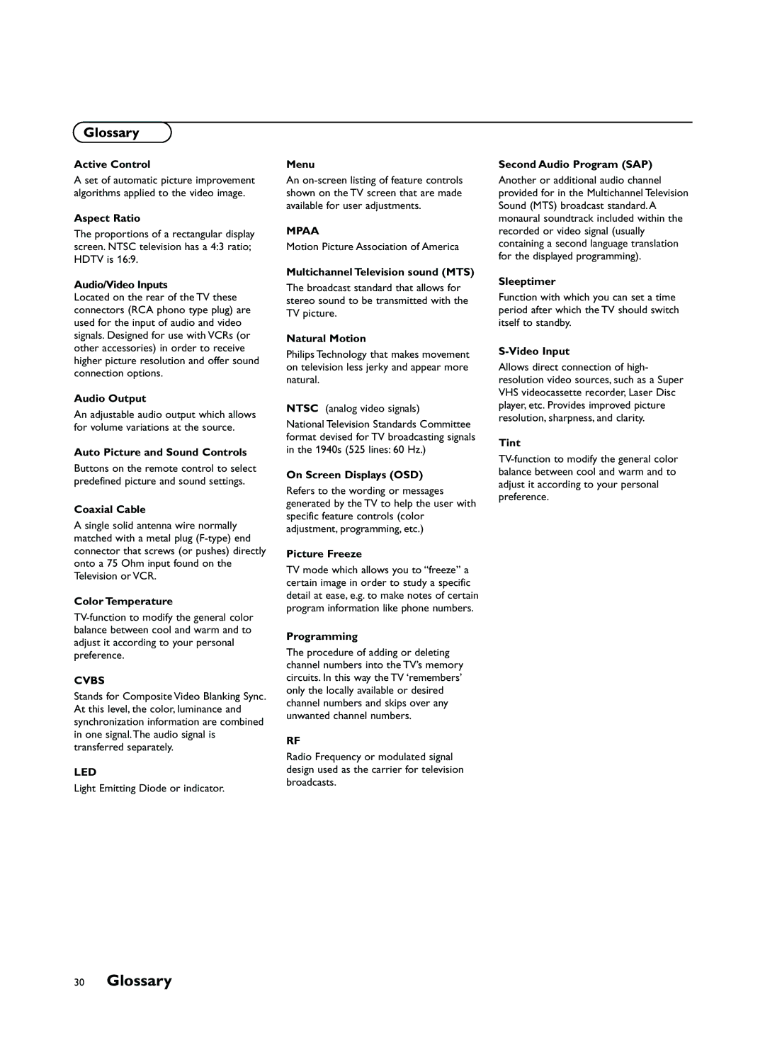 Philips FTR9964 manual Glossary, Cvbs, Led, Mpaa 