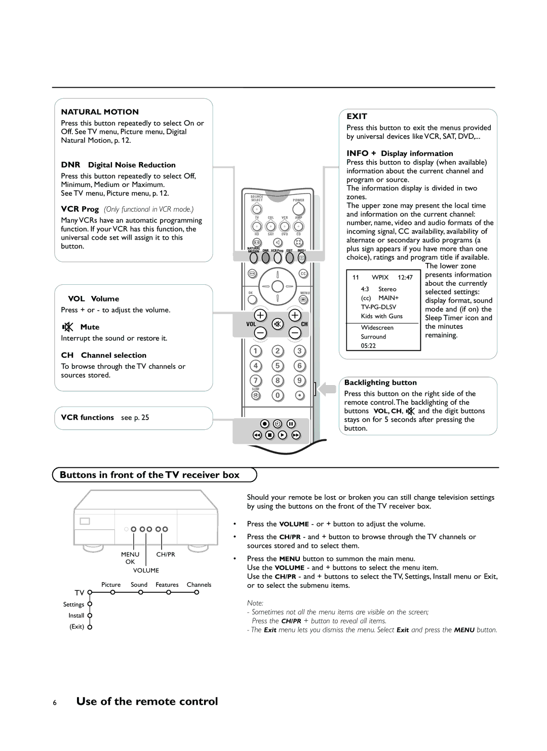 Philips FTR9964 manual Buttons in front of the TV receiver box, Natural Motion 