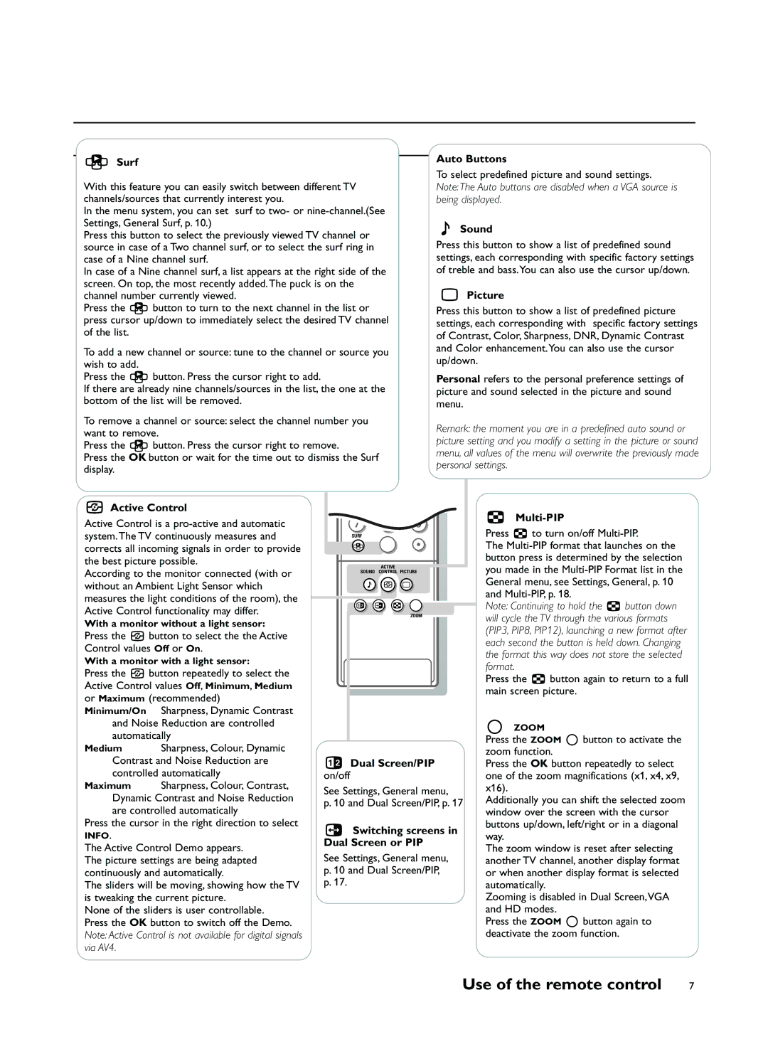 Philips FTR9964 manual Surf Auto Buttons, Sound, Picture, Active Control Multi-PIP, Switching screens, Dual Screen or PIP 