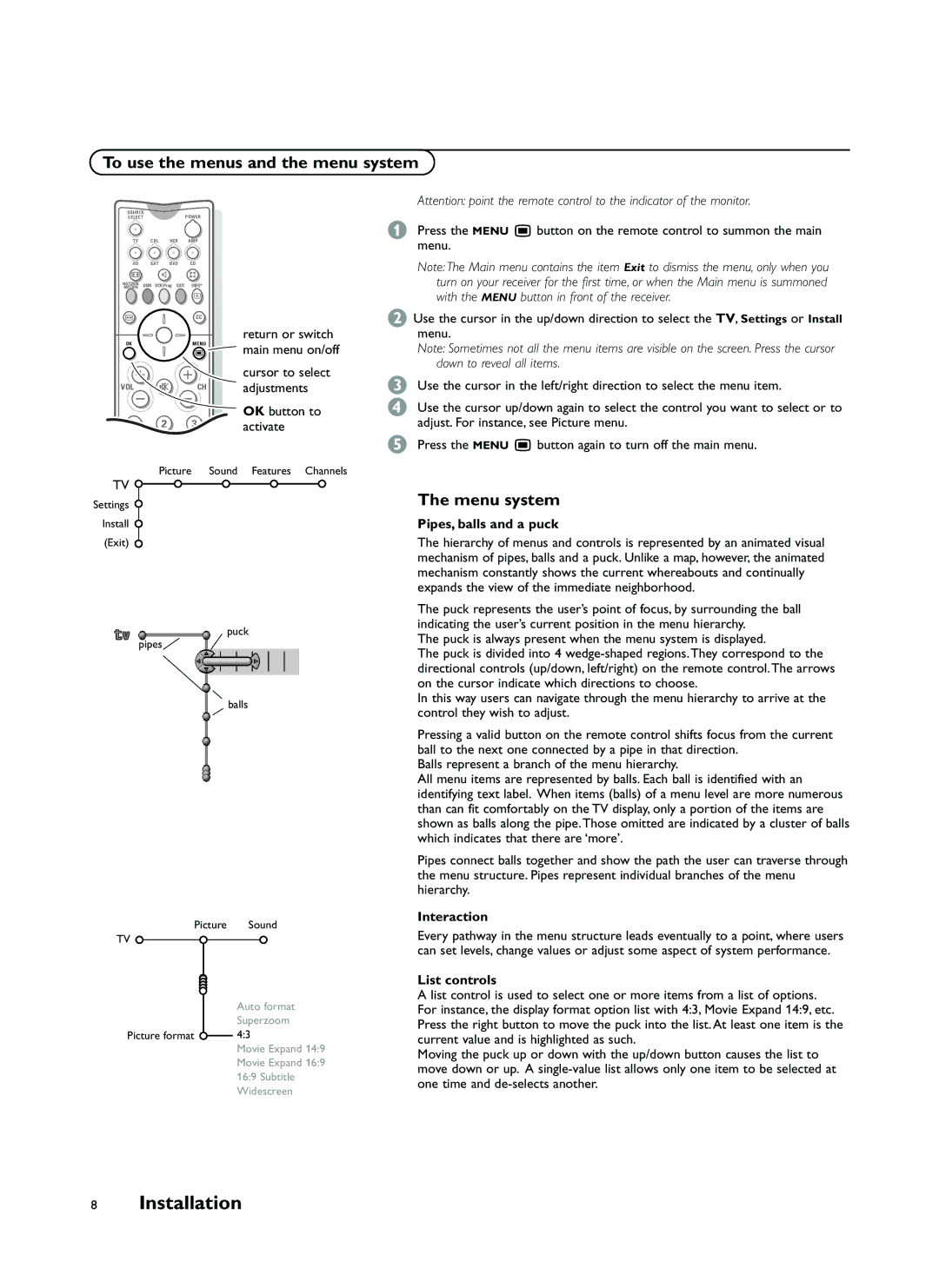 Philips FTR9964 manual Installation, To use the menus and the menu system, Menu system 