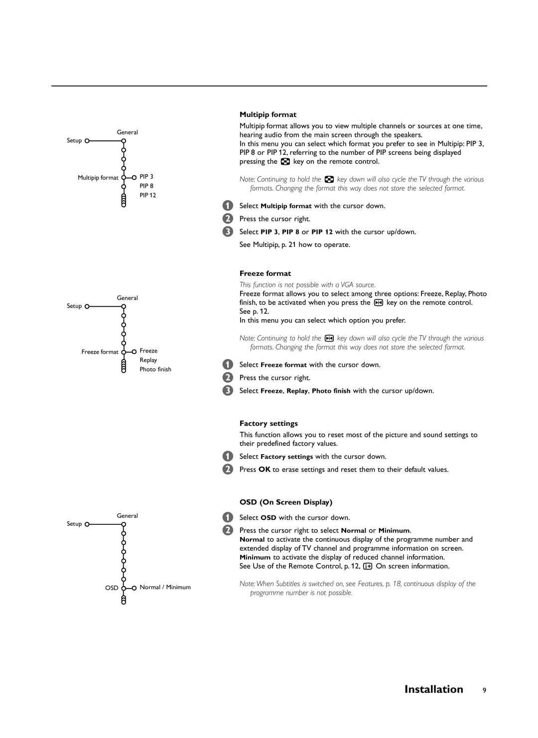 Philips FTR9964/69S manual Multipip format, Freeze format, Factory settings, OSD On Screen Display 