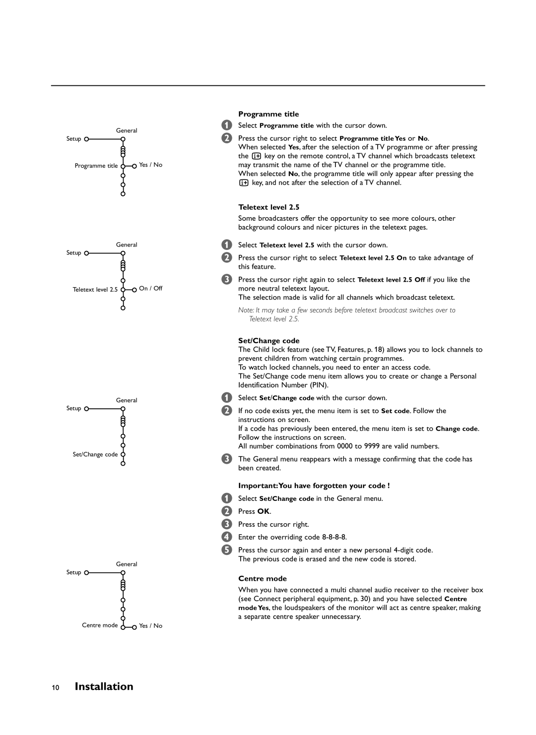 Philips FTR9964/69S Programme title, Teletext level, Set/Change code, ImportantYou have forgotten your code, Centre mode 
