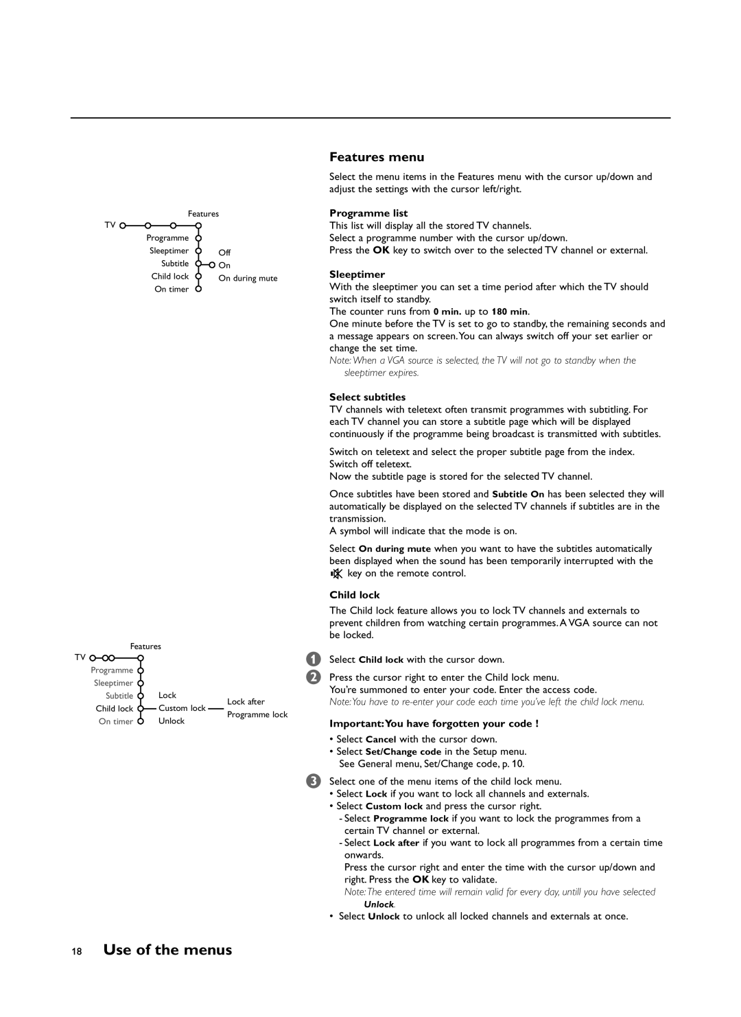 Philips FTR9964/69S manual Features menu, Programme list, Sleeptimer, Select subtitles, Child lock 