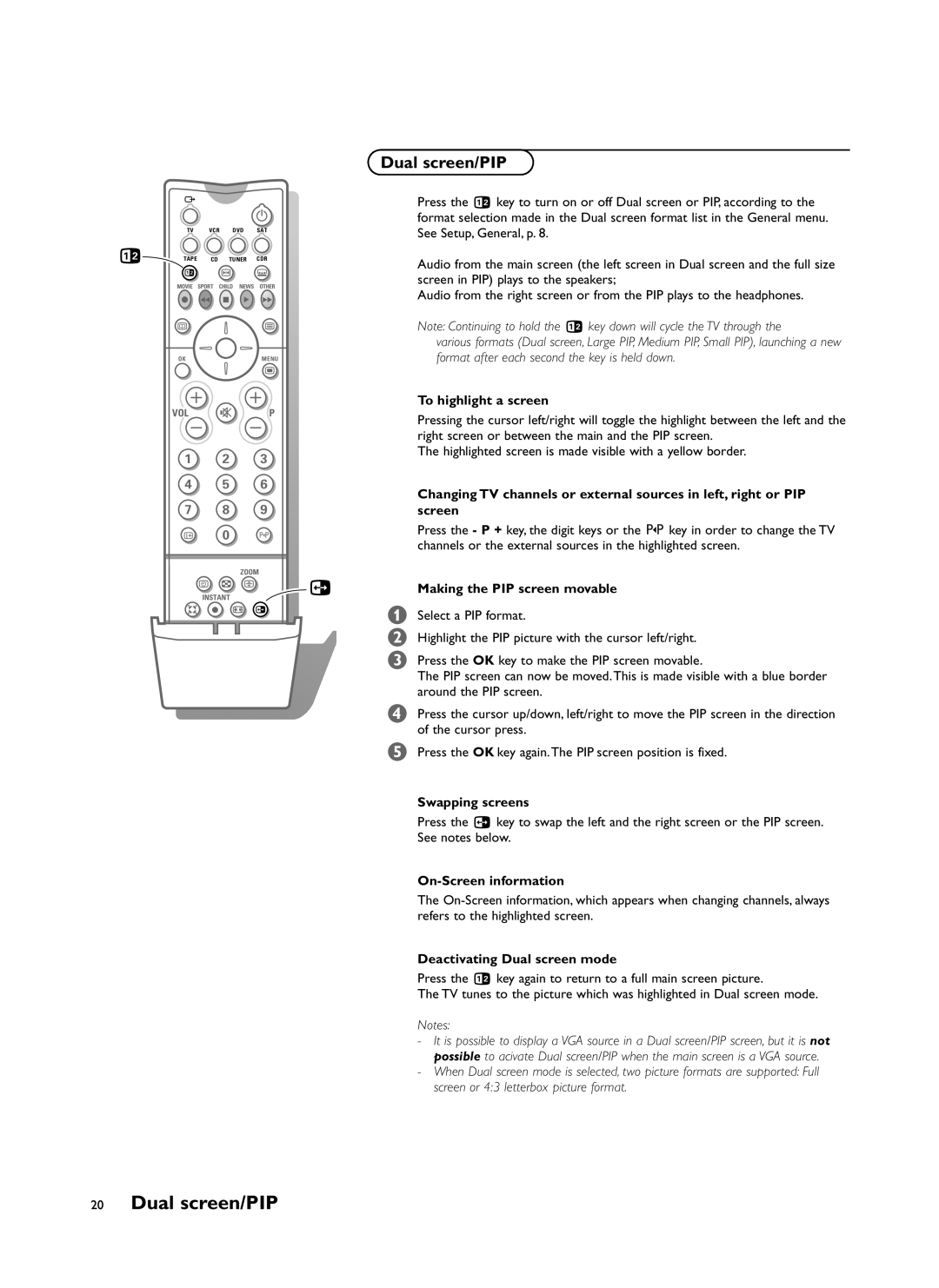 Philips FTR9964/69S manual Dual screen/PIP 