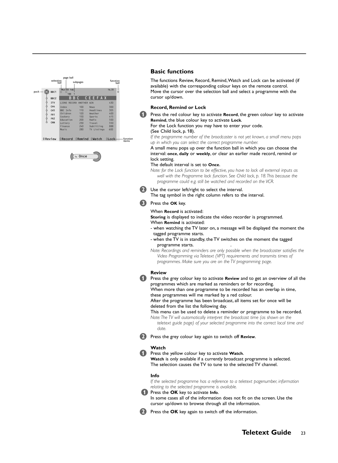 Philips FTR9964/69S manual Basic functions, Review, Watch, Info 