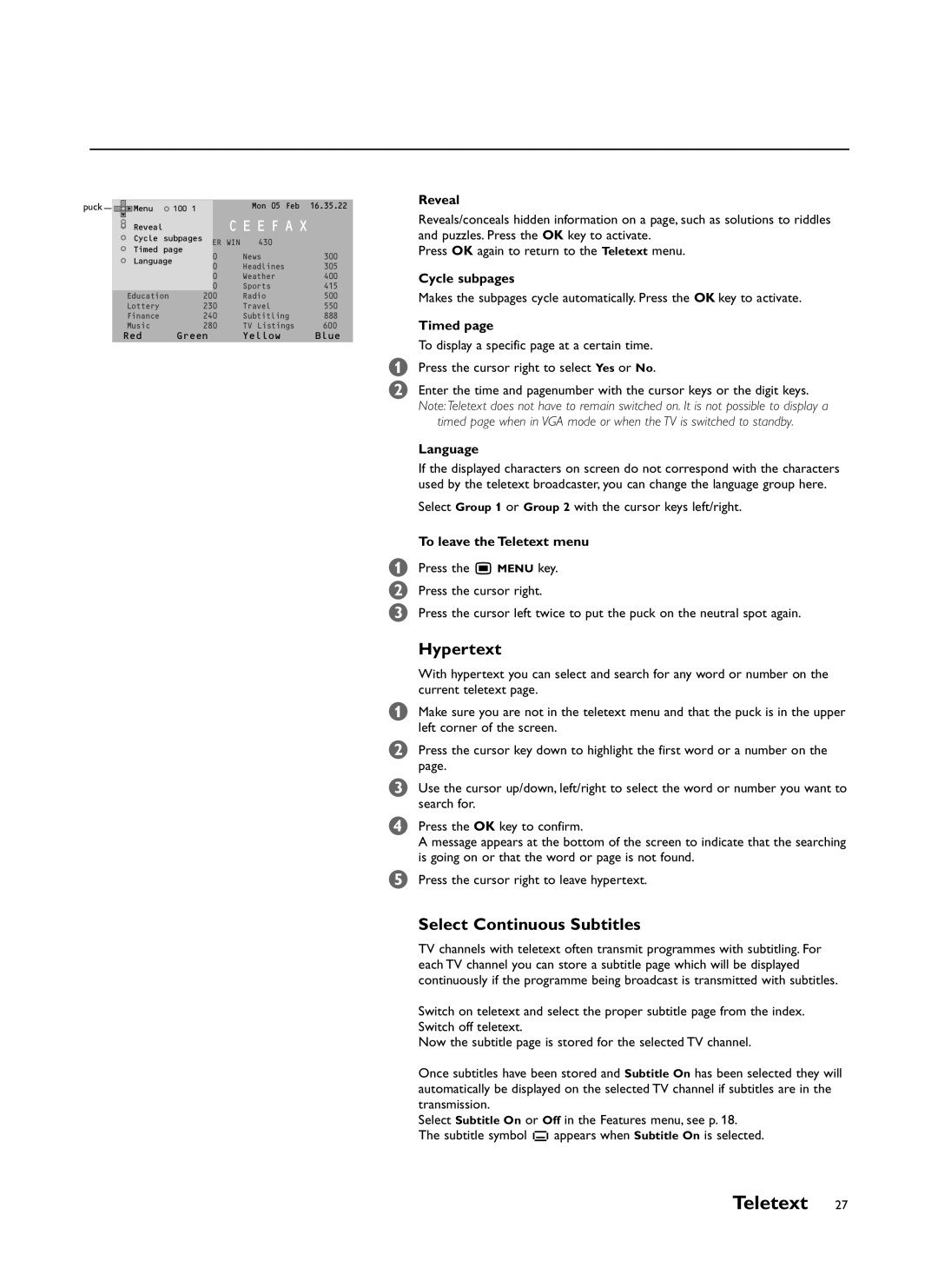 Philips FTR9964/69S manual Hypertext, Select Continuous Subtitles 