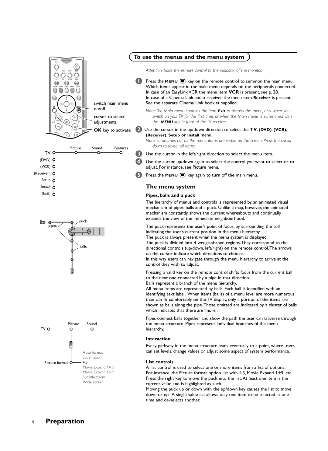 Philips FTR9964/69S To use the menus and the menu system, Menu system, Pipes, balls and a puck, Interaction, List controls 