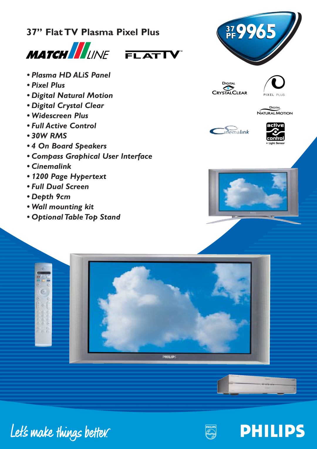 Philips FTR9965/12S manual PF9965, 37” Flat TV Plasma Pixel Plus 