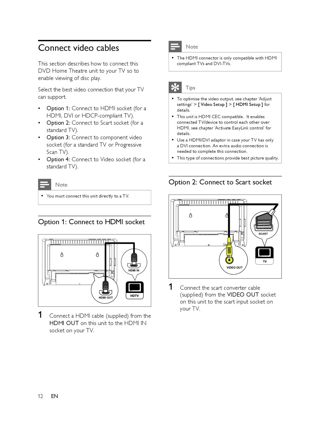 Philips FTS6000/12, 848390207 Connect video cables, Option 1 Connect to Hdmi socket, Option 2 Connect to Scart socket 