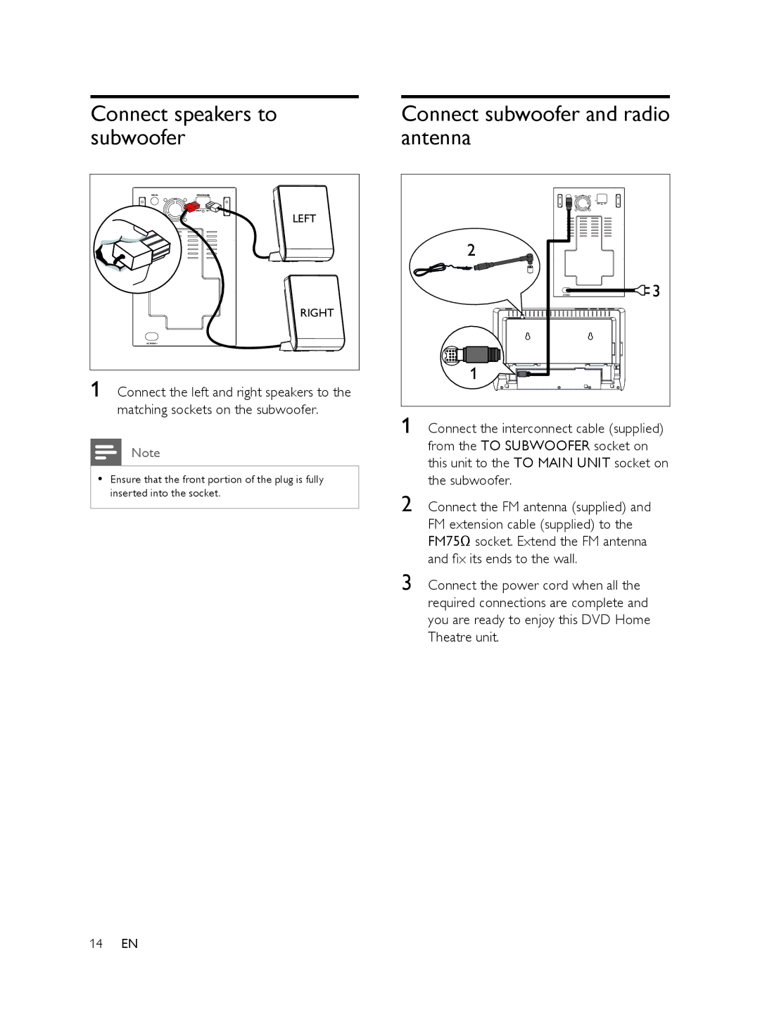 Philips 848390207, FTS6000/12 manual Connect speakers to subwoofer, Connect subwoofer and radio antenna 