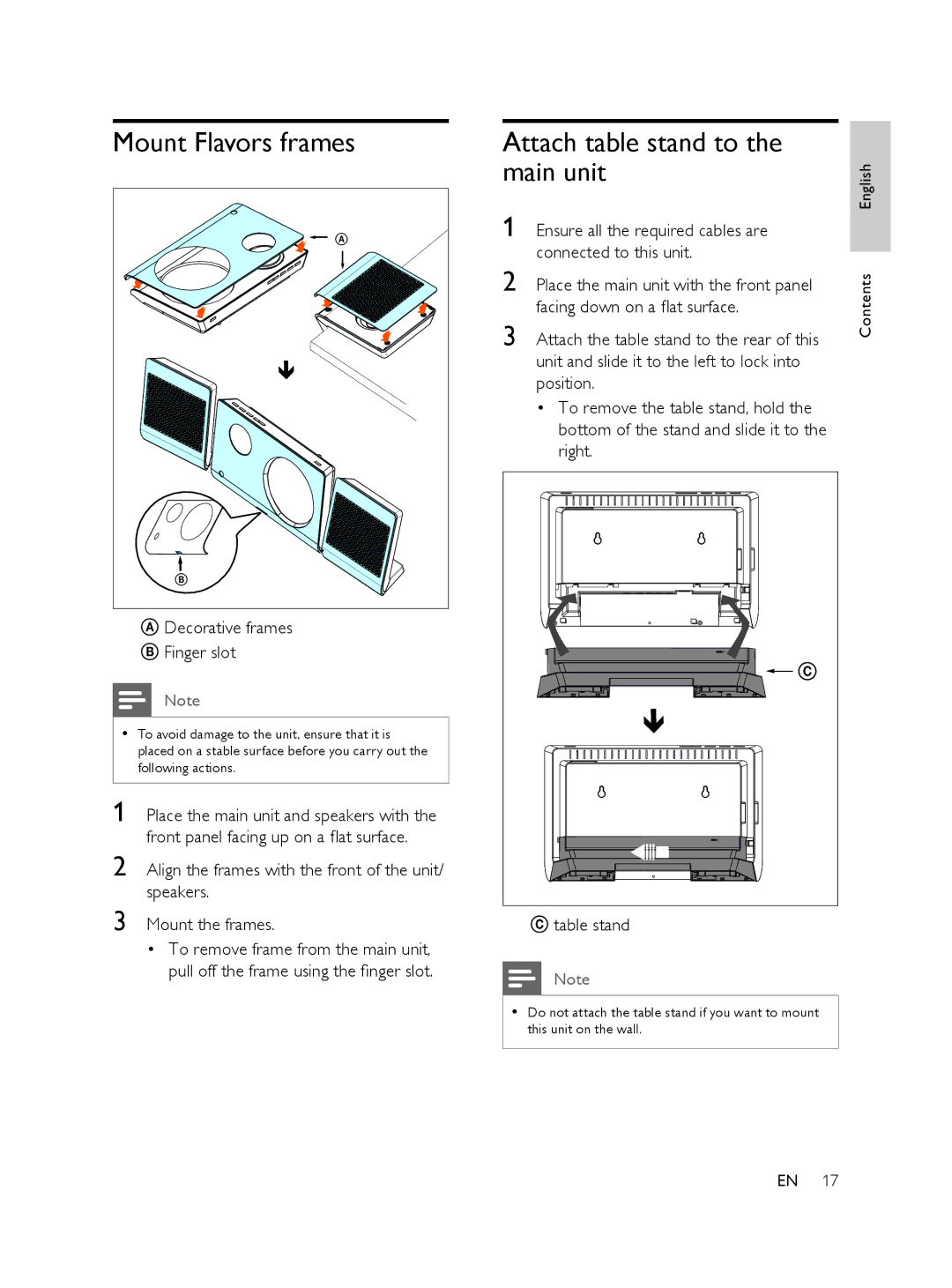 Philips 848390207, FTS6000/12 manual Mount Flavors frames, Attach table stand to the main unit 