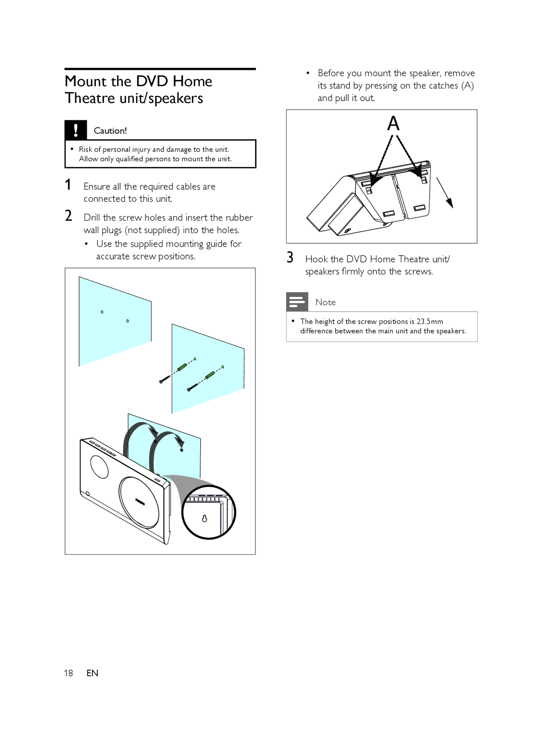 Philips FTS6000/12, 848390207 manual Mount the DVD Home Theatre unit/speakers 