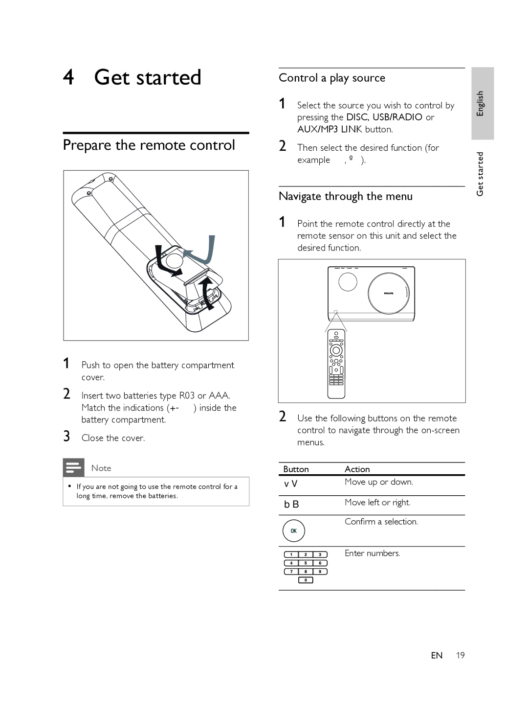 Philips FTS6000/12, 848390207 Get started, Prepare the remote control, Control a play source, Navigate through the menu 