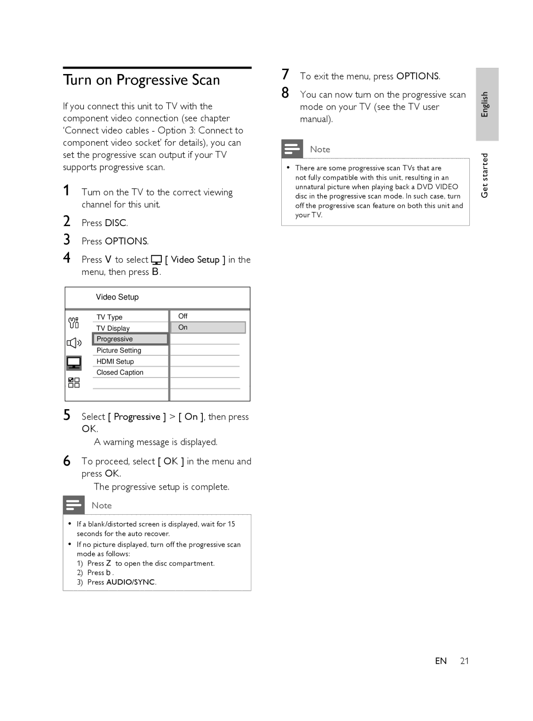 Philips FTS6000/12, 848390207 manual Turn on Progressive Scan, To exit the menu, press Options 