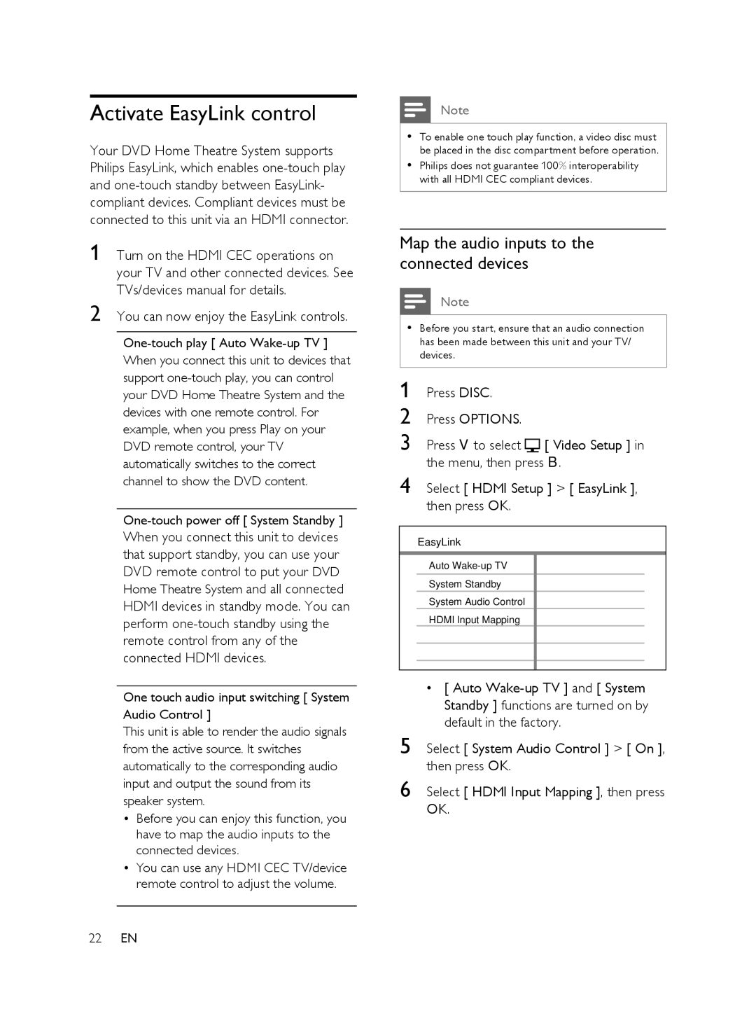 Philips FTS6000/12, 848390207 manual Activate EasyLink control, Map the audio inputs to the connected devices 