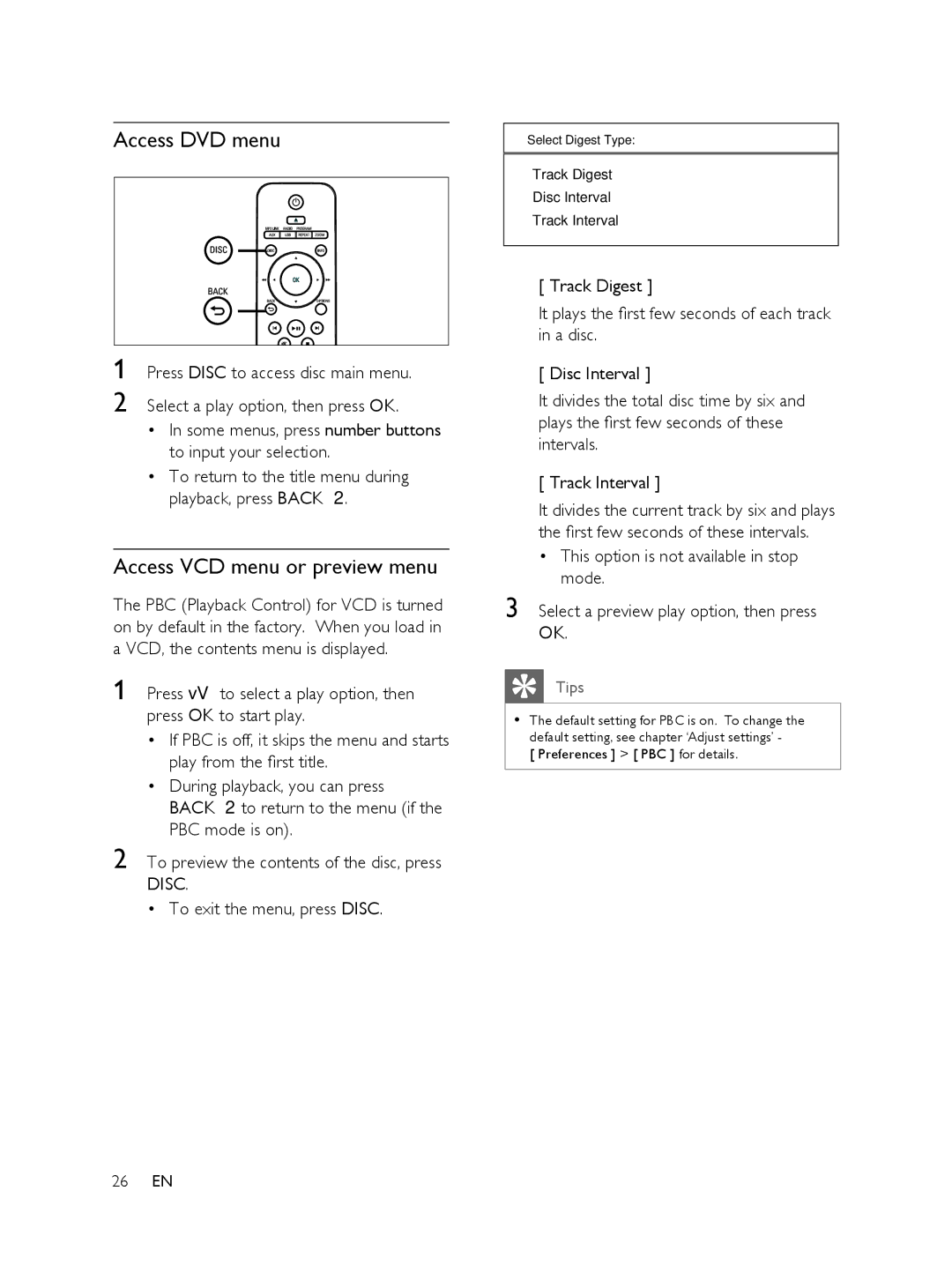 Philips 848390207, FTS6000/12 manual Access DVD menu, Access VCD menu or preview menu 