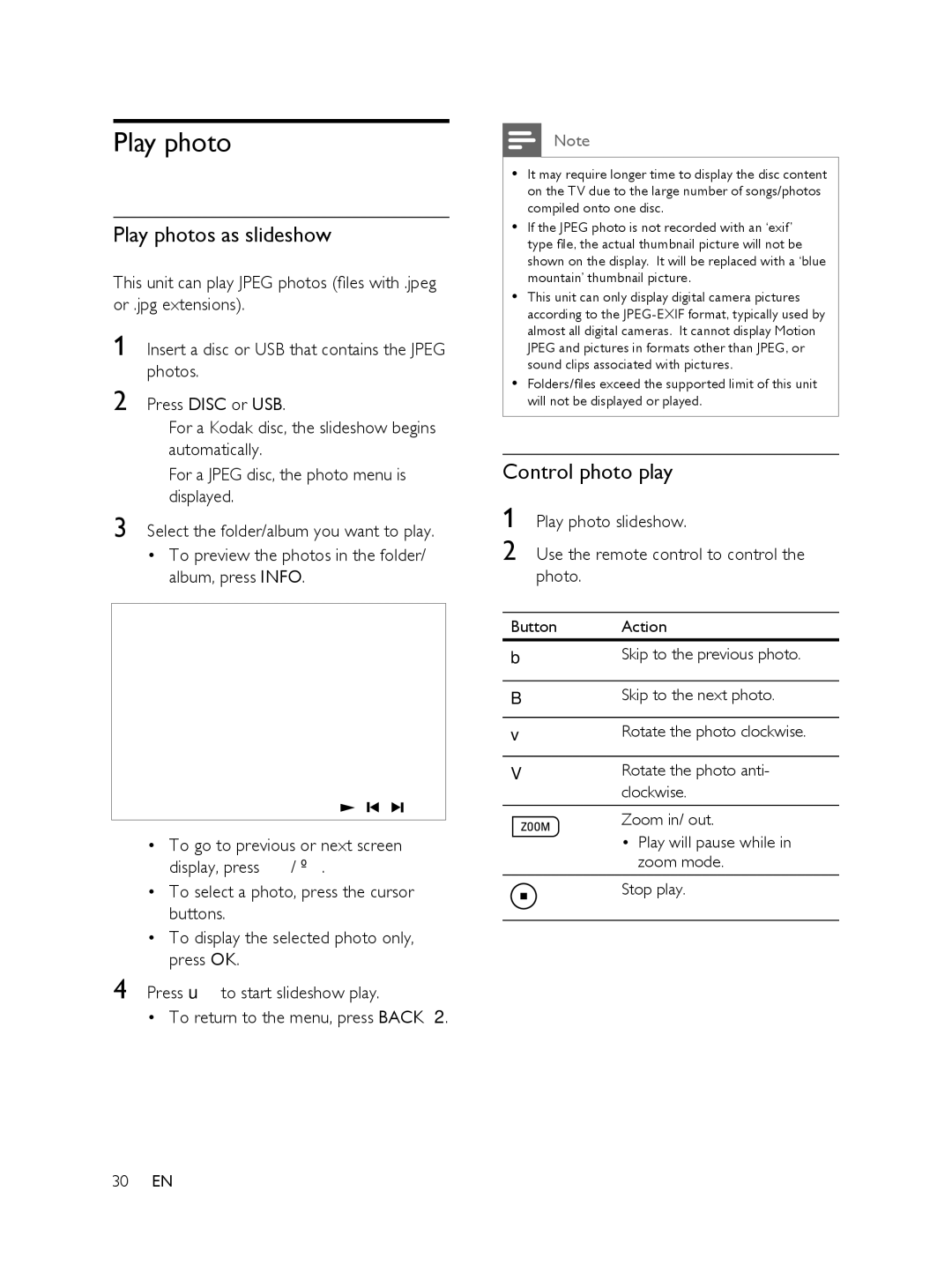 Philips FTS6000/12 manual Play photos as slideshow, Control photo play, Use the remote control to control the photo 