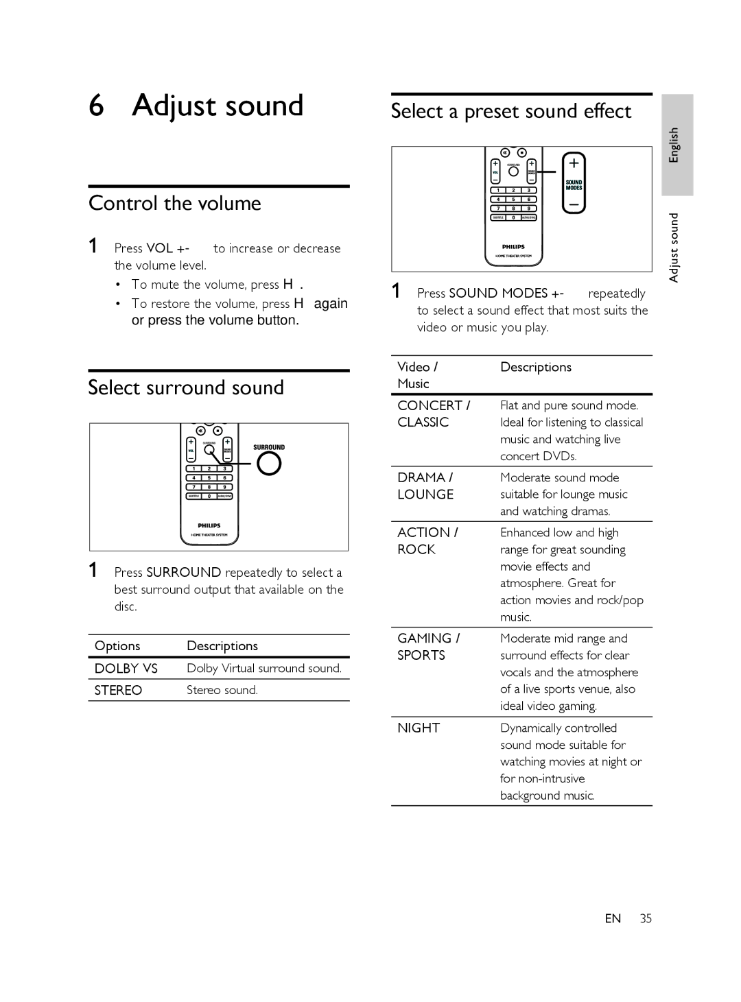 Philips 848390207, FTS6000 manual Adjust sound, Control the volume, Select surround sound, Select a preset sound effect 