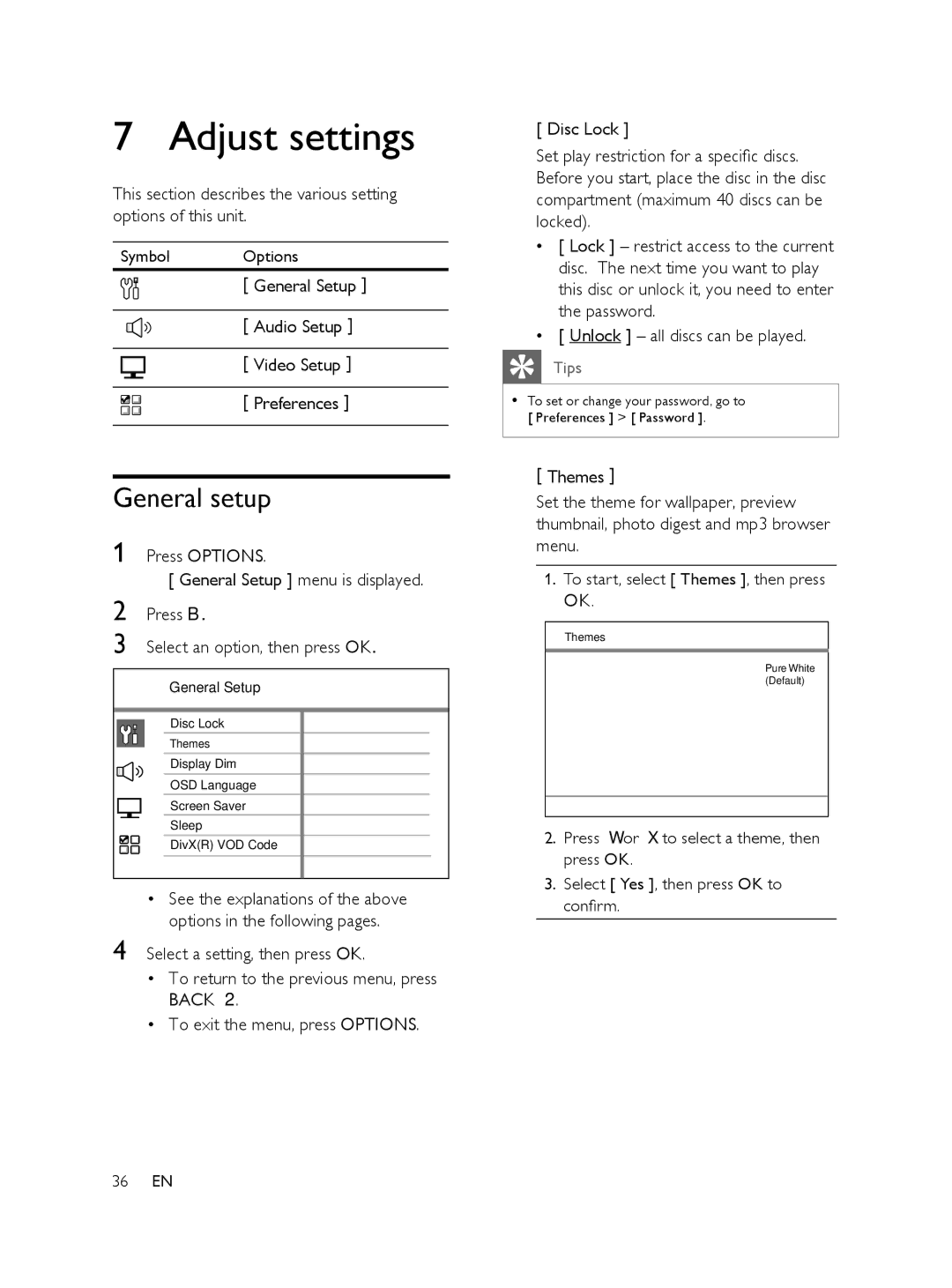 Philips FTS6000/12, 848390207 manual Adjust settings, General setup 