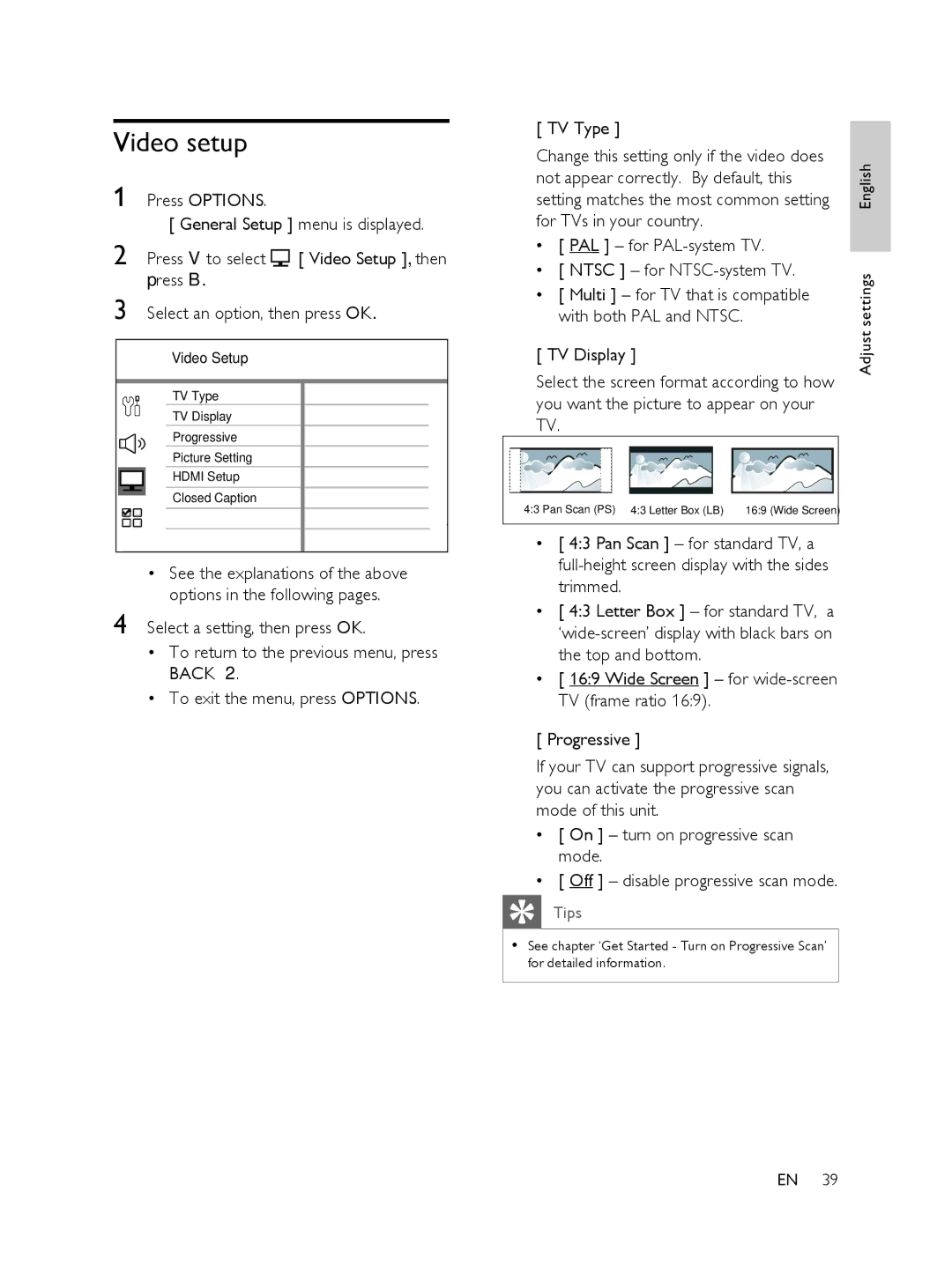 Philips FTS6000/12, 848390207 manual Video setup, PAL for PAL-system TV Ntsc for NTSC-system TV 