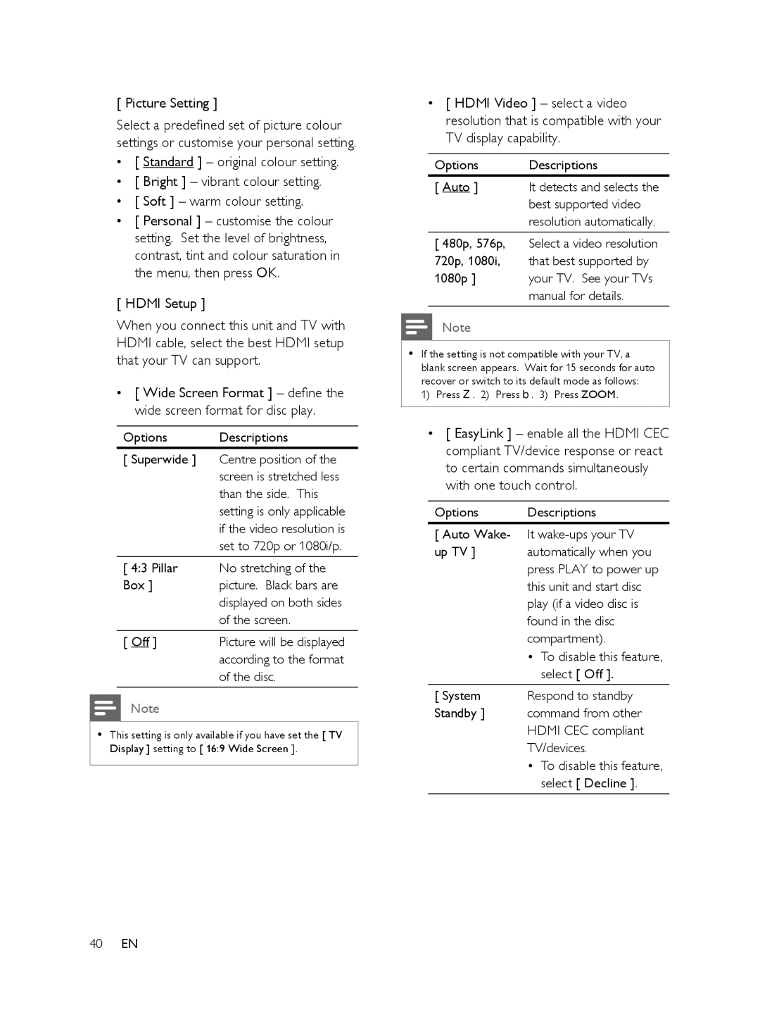 Philips FTS6000/12, 848390207 manual Picture Setting, Hdmi Setup 