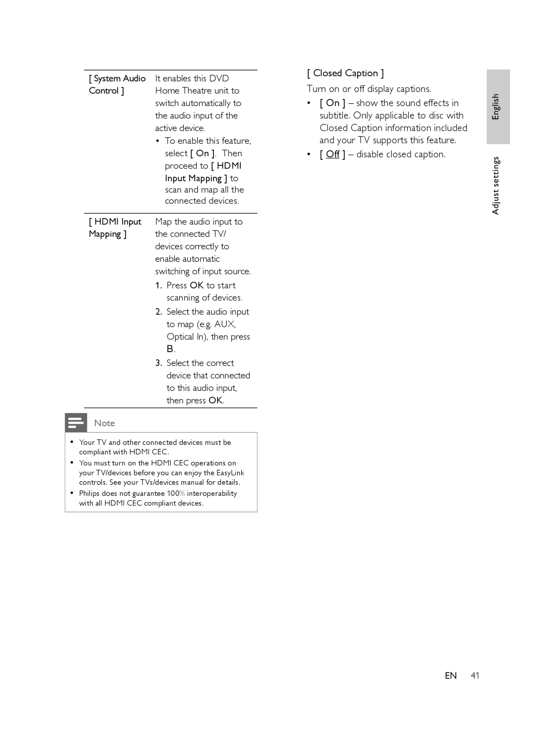 Philips 848390207, FTS6000/12 manual Closed Caption Turn on or off display captions, Off disable closed caption 