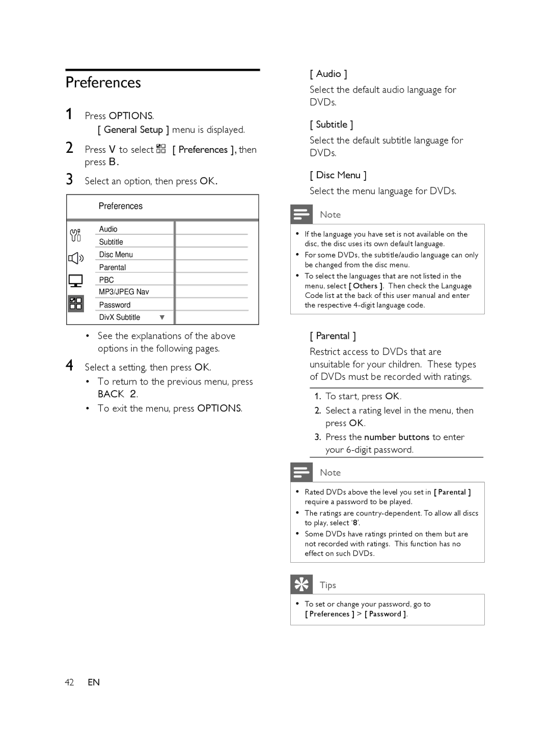 Philips FTS6000/12, 848390207 manual Preferences, Parental 