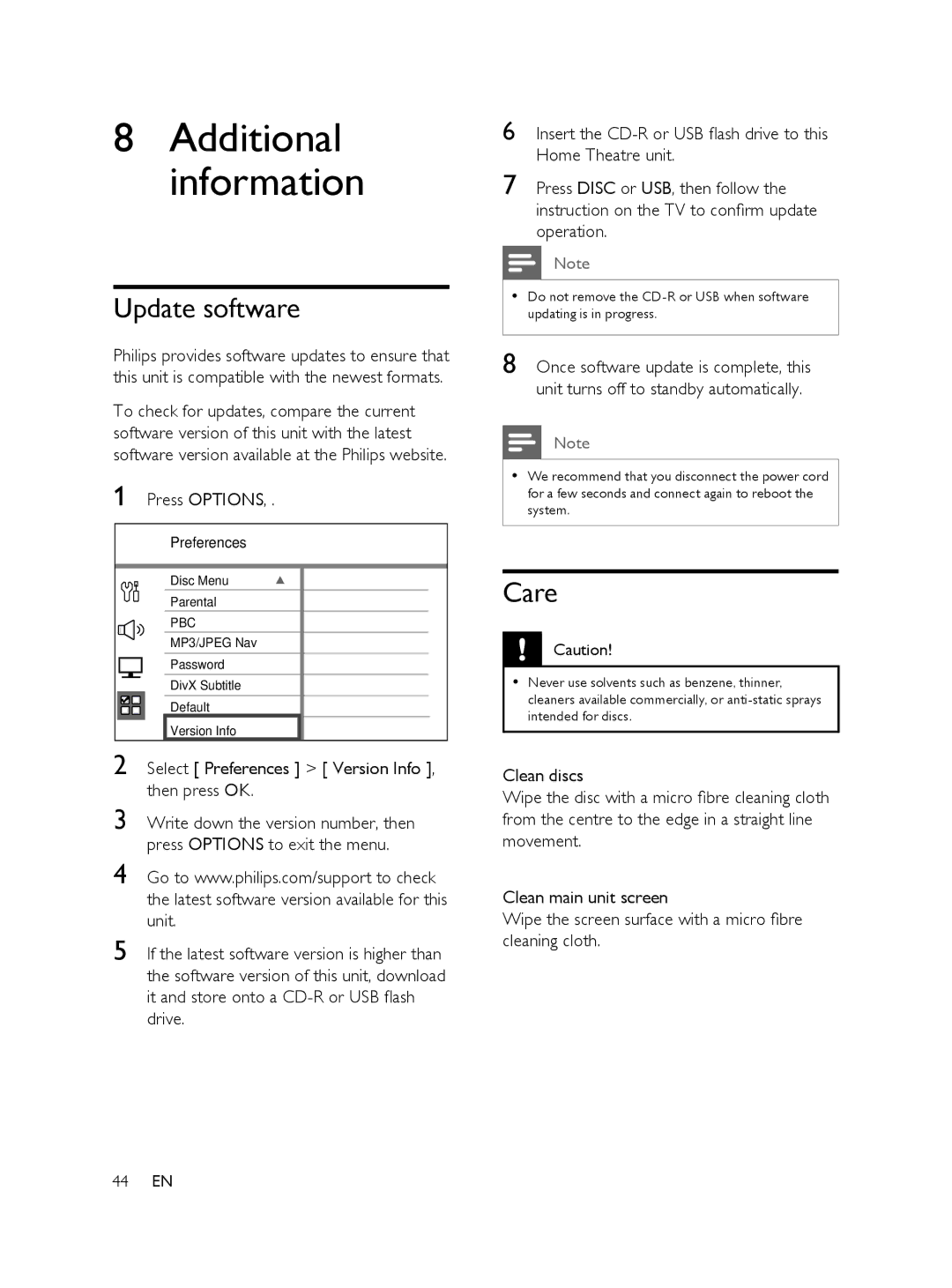 Philips 848390207, FTS6000/12 manual Additional information, Update software, Care 