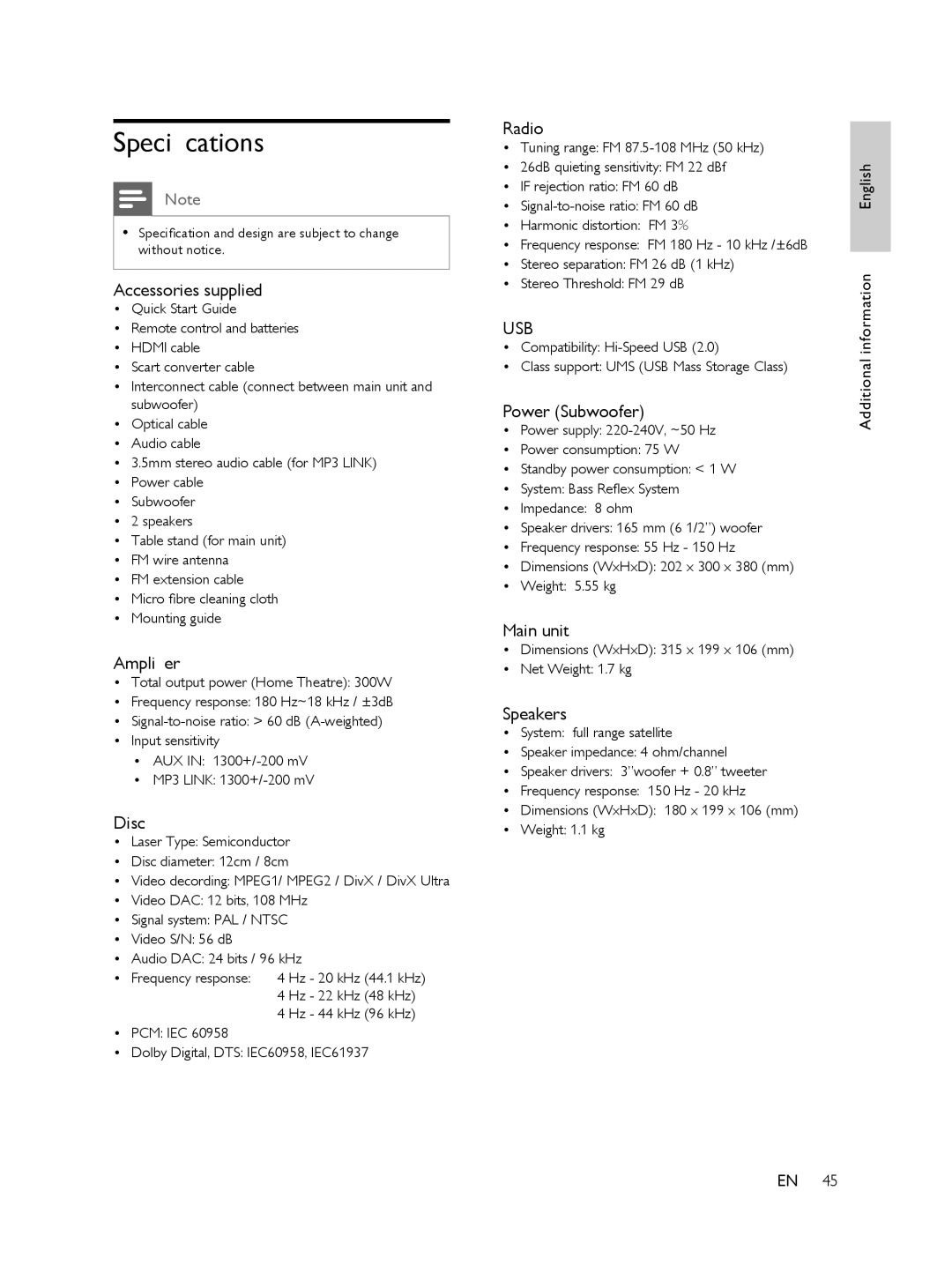 Philips FTS6000/12, 848390207 manual Speciﬁcations 