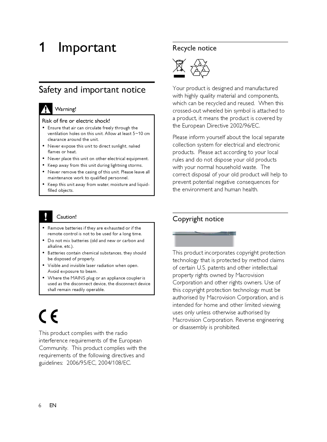 Philips FTS6000/12, 848390207 manual Safety and important notice, Recycle notice, Copyright notice 