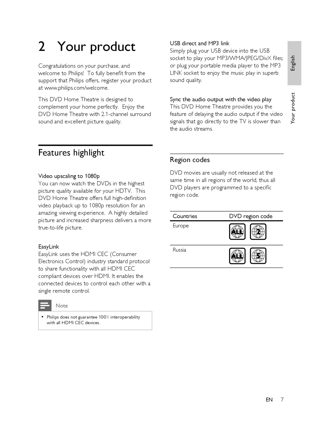 Philips FTS6000/12, 848390207 manual Your product, Features highlight, Region codes 