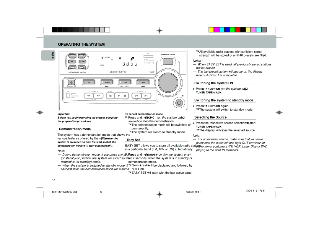 Philips FW 325, FW 326, FW 306 manual Operating the System 