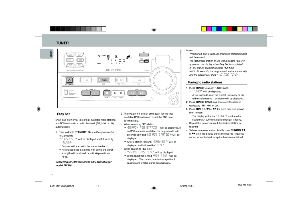 Philips FW 306, FW 326, FW 325 manual Tuner, Tuning to radio stations, If RDS station does not transmit RDS time 