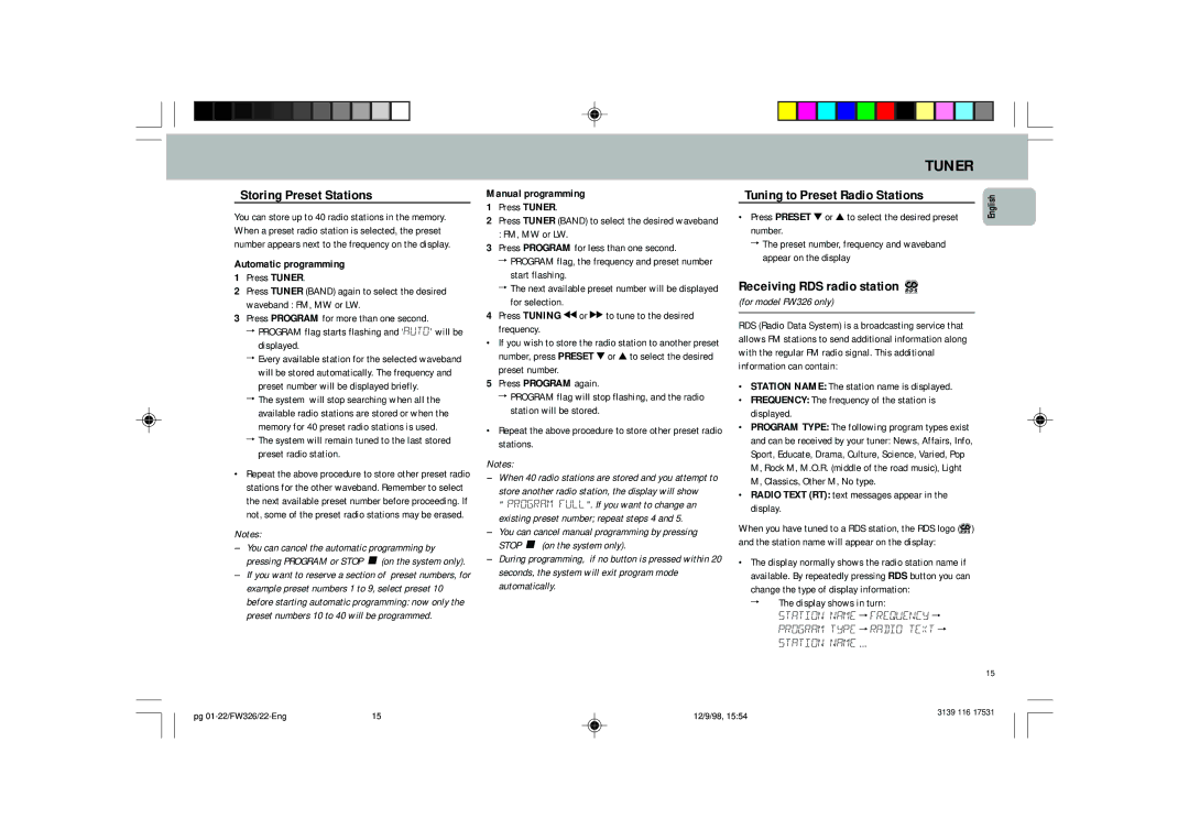 Philips FW 326, FW 325, FW 306 manual Storing Preset Stations, Tuning to Preset Radio Stations, Receiving RDS radio station ‚ 