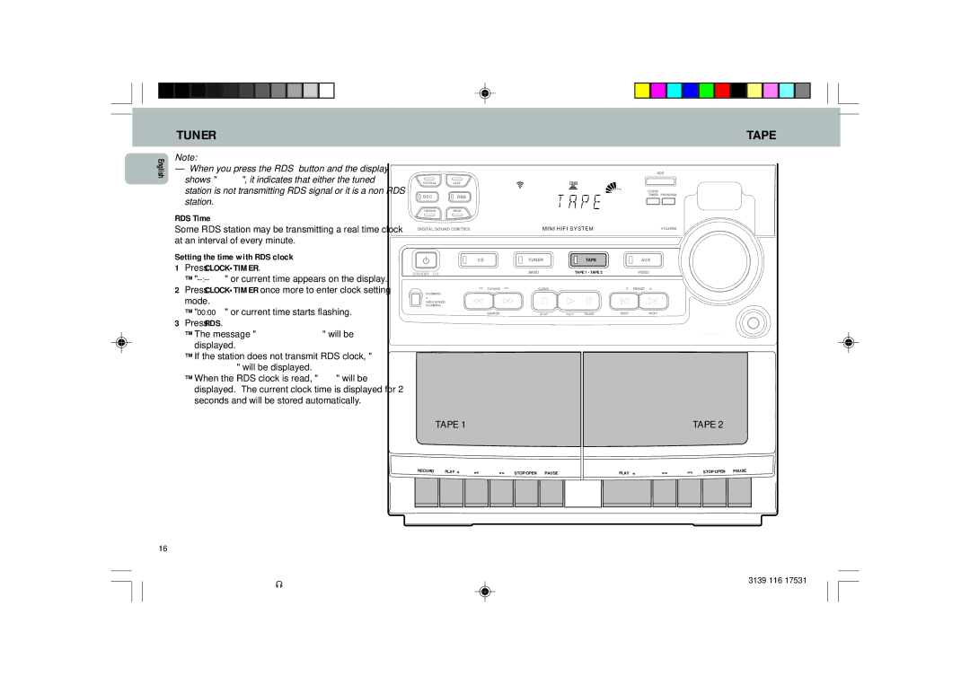 Philips FW 325, FW 326, FW 306 manual Tuner Tape, Station, RDS Time, Setting the time with RDS clock Press Clocktimer 