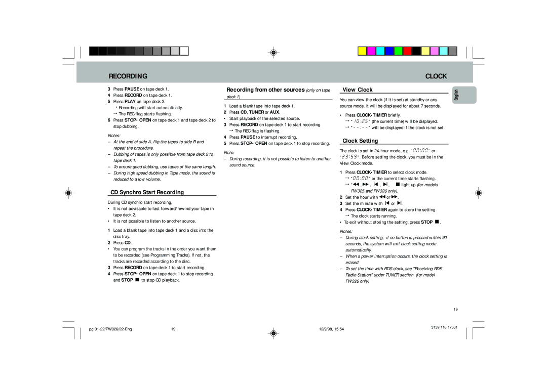 Philips FW 325 manual CD Synchro Start Recording, View Clock, Clock Setting, Recording from other sources only on tape 