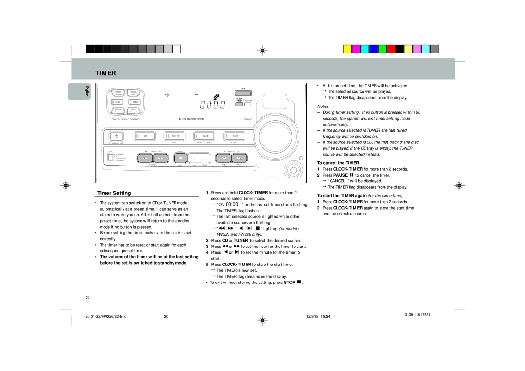 Philips FW 306, FW 326, FW 325 Timer Setting, To cancel the Timer, ‡, ’, ‘, ‚ light up for models FW325 and FW326 only 