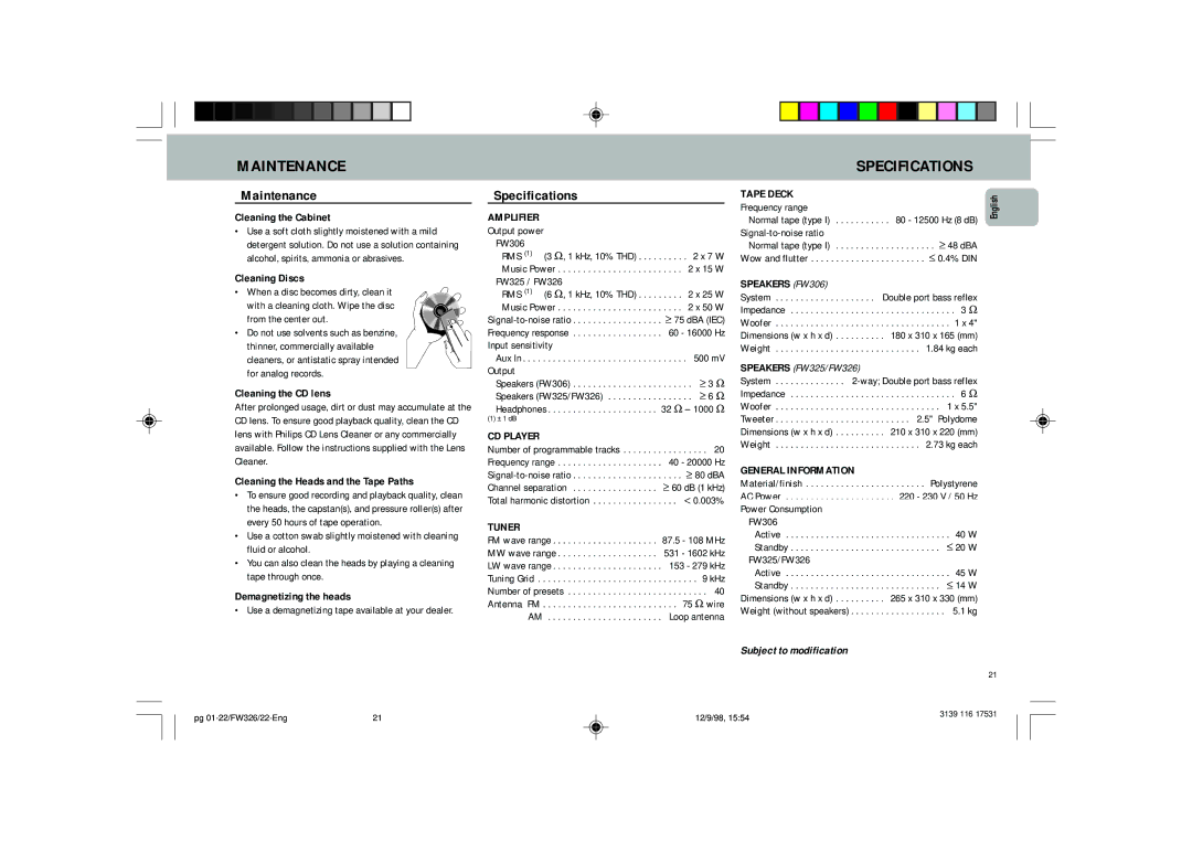 Philips FW 326, FW 325, FW 306 manual Maintenance Specifications 