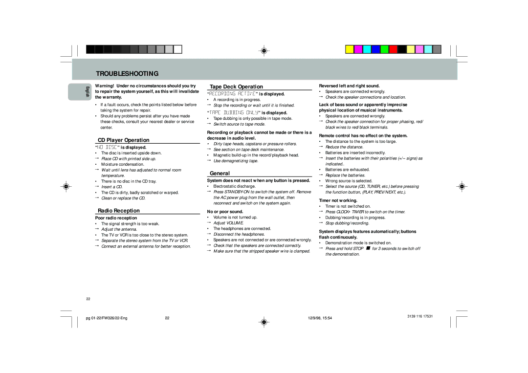 Philips FW 325, FW 326, FW 306 manual Troubleshooting, CD Player Operation, Radio Reception, Tape Deck Operation, General 