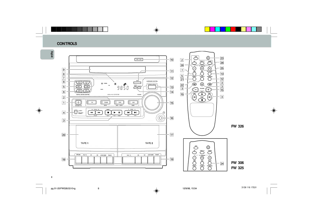 Philips FW 306, FW 326, FW 325 manual Controls, English 