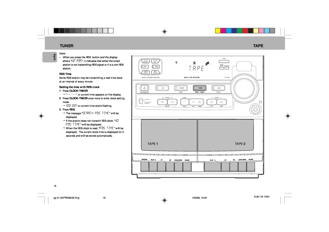 Philips FW 325 Tape, station, Tuner, 3139, pg 01-22/FW326/22-Eng, 12/9/98, FW318C MINI HIFI SYSTEM, English, Dscdbb, News 