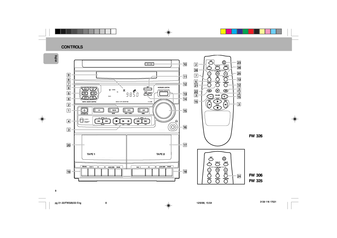 Philips FW 306 Controls, 3139, pg 01-22/FW326/22-Eng, 12/9/98, English, FW318C MINI HIFI SYSTEM, Digital Remote Control 