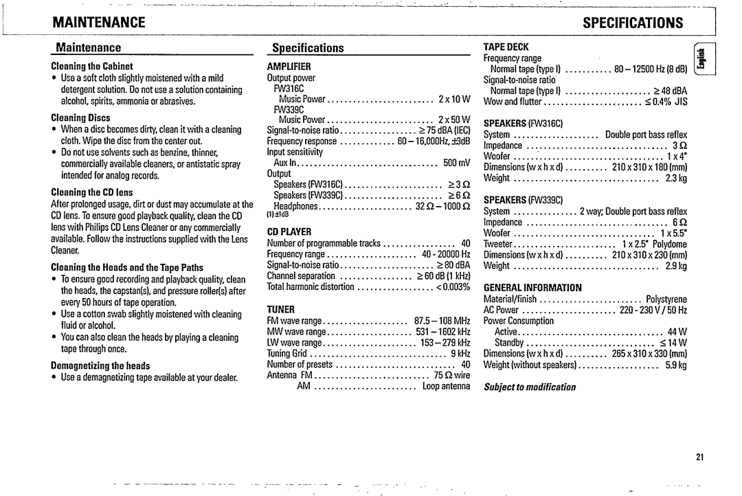 Philips FW 316C, FW 339C manual 