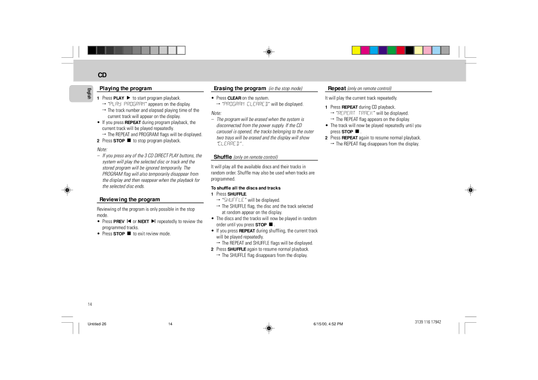 Philips FW 358C manual Playing the program, Reviewing the program, Erasing the program in the stop mode 