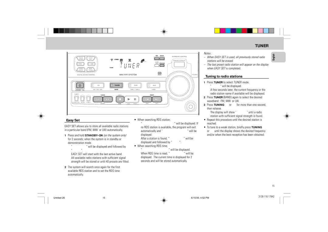 Philips FW 358C manual Tuner, Tuning to radio stations, Stations will be erased, When Easy SET is completed 