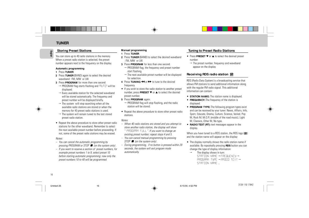 Philips FW 358C manual Storing Preset Stations, Tuning to Preset Radio Stations, Receiving RDS radio station Ç 