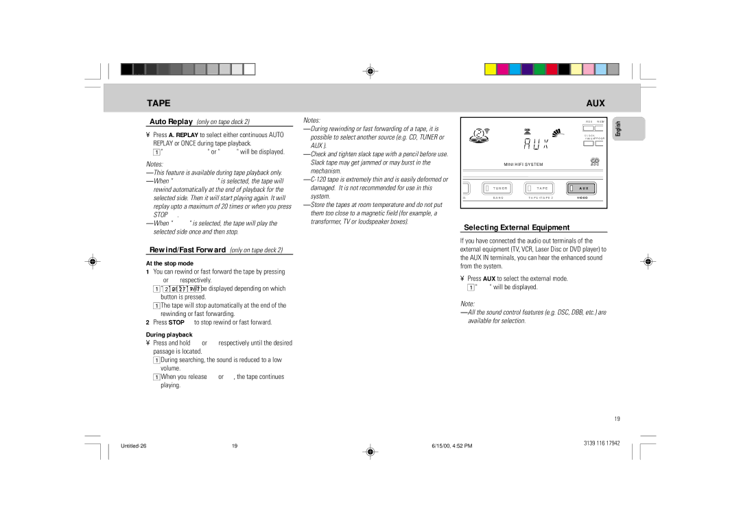 Philips FW 358C manual Aux, Selecting External Equipment, At the stop mode, During playback 