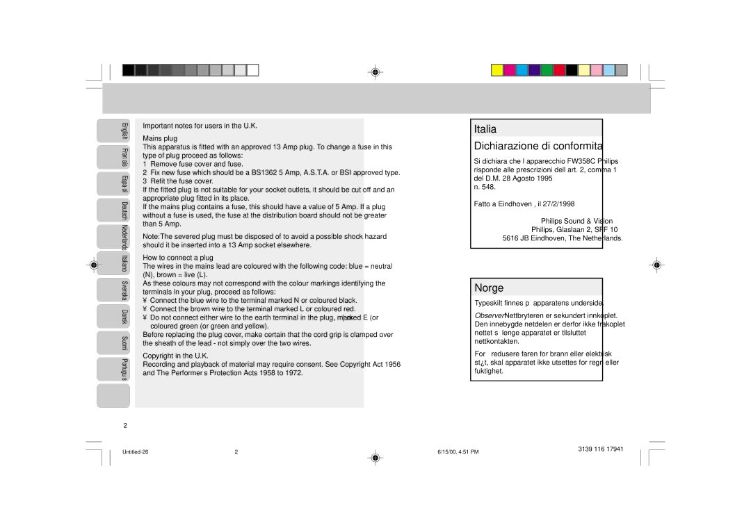 Philips FW 358C manual How to connect a plug, Copyright in the U.K 